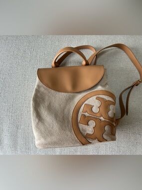 Tory Burch Neutral Canvas Backpack with Tan Leather Trim